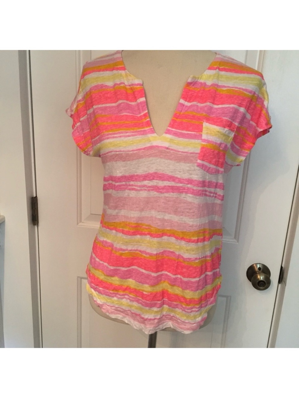 LILLY PULITZER TOP TEE LINEN CAP SHORT SLEEVE WHITE PINK YELLOW ORANGE SIZE XS